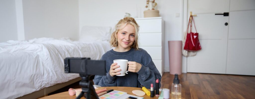A young woman smiling at a camera while holding a mug, seated at a makeup table with various beauty products, in a cozy bedroom setup, recording a video.