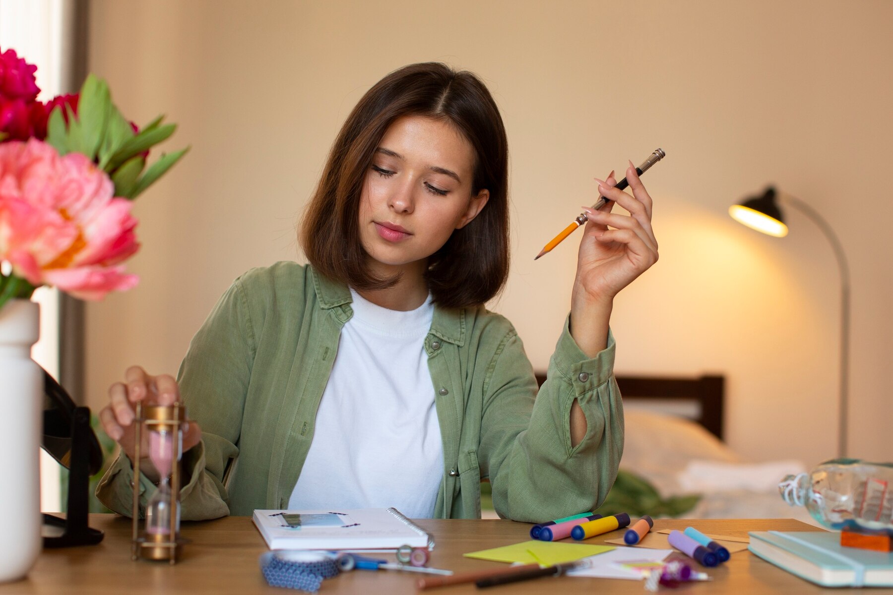 A young woman contemplates while holding a pencil, sitting at a desk with creative materials and a vase of bright pink flowers, in a warmly lit room.