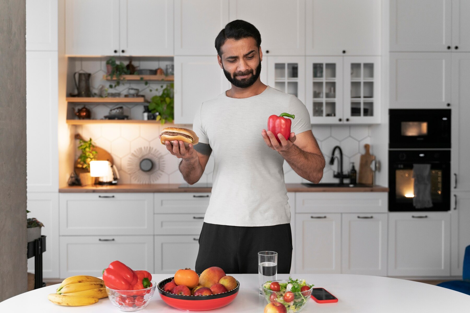 A man in a white kitchen comparing a hamburger in one hand and a red bell pepper in the other, surrounded by various fresh fruits and vegetables on the table.