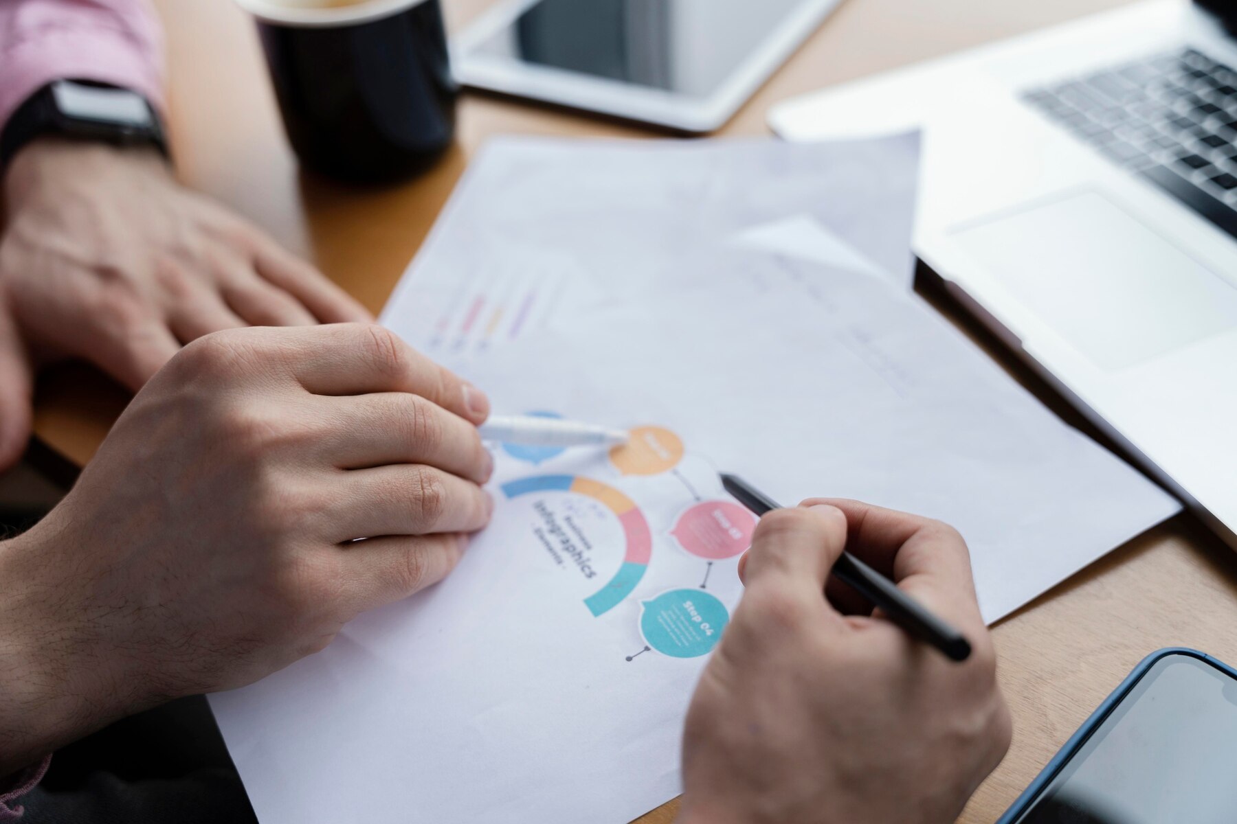 Two people reviewing and discussing a pie chart during a business meeting, surrounded by documents, a laptop, and a coffee mug on a wooden table.