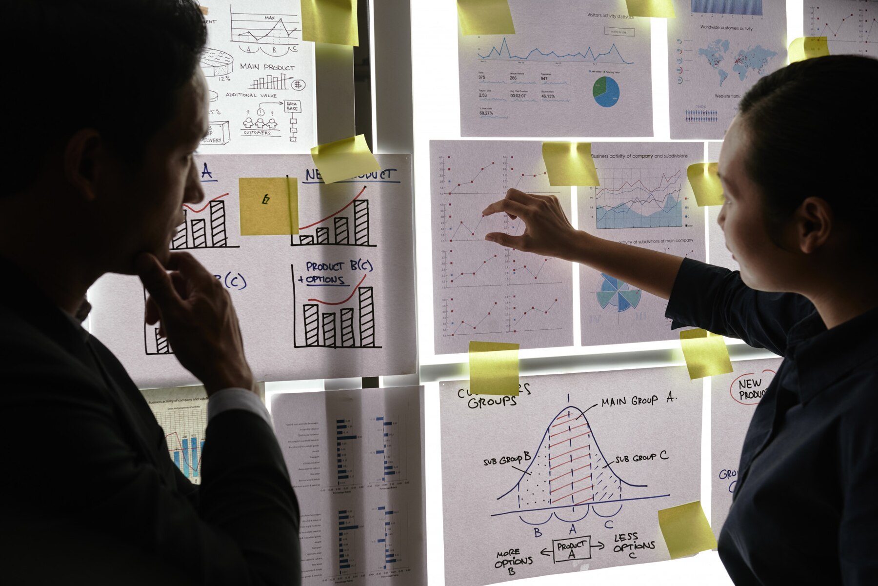 Two professionals analysing charts and graphs on a glass wall, illuminated from behind, in a strategy or planning session.