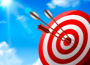 Three arrows hitting the center of a red and white target, set against a bright blue sky with sun rays and clouds.