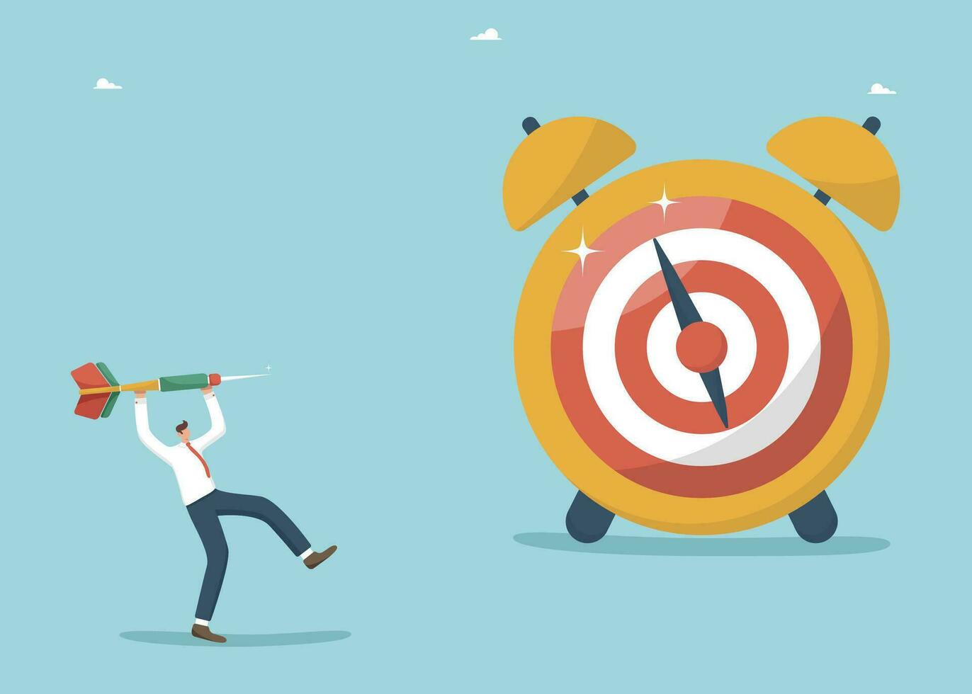 A cartoon image featuring a man throwing a dart towards a large, colourful target that is stylised to resemble an alarm clock. The backdrop is a clear blue sky with minimal clouds.