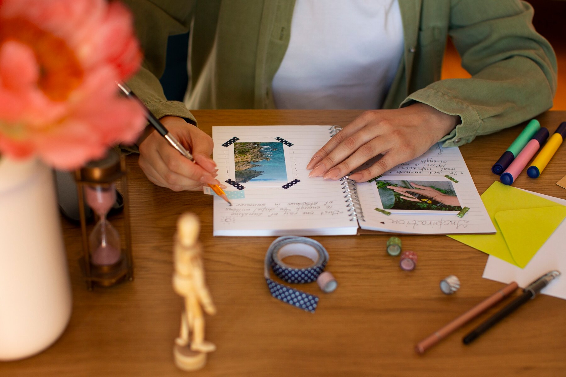 A person assembling a scrapbook with travel photos and decorative tapes on a wooden table, surrounded by colorful pens, a yellow envelope, and a small hourglass.