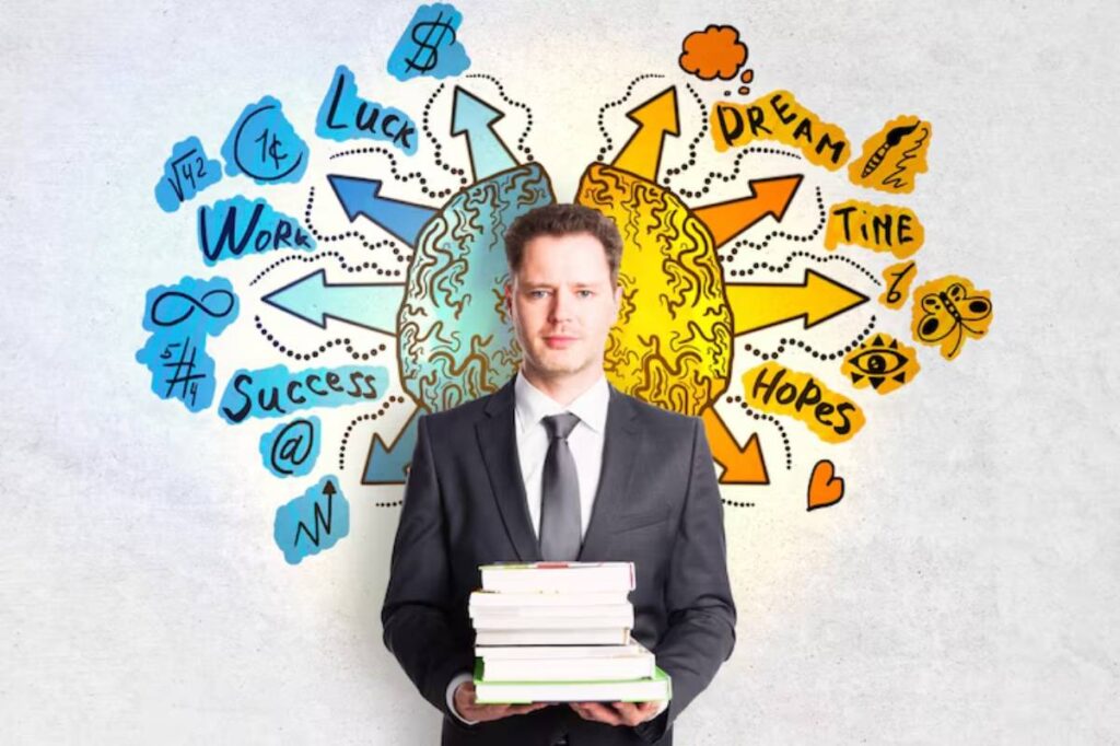 A man in a suit holds a stack of books, standing between two colorful brain illustrations surrounded by motivational words and symbols.