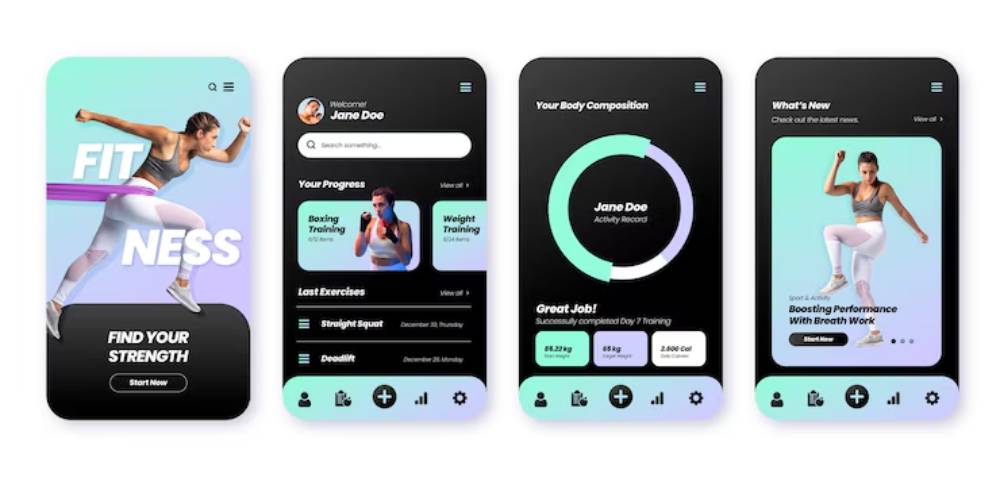 A fitness app interface showcasing progress tracking, activity records, and workout suggestions with a modern design.