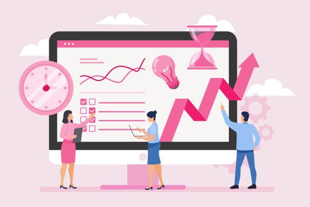Illustration of professionals analyzing data on a screen, with graphs, checklists, a clock, and a light bulb symbolizing productivity.
