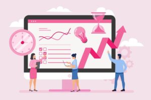 Illustration of professionals analyzing data on a screen, with graphs, checklists, a clock, and a light bulb symbolizing productivity.