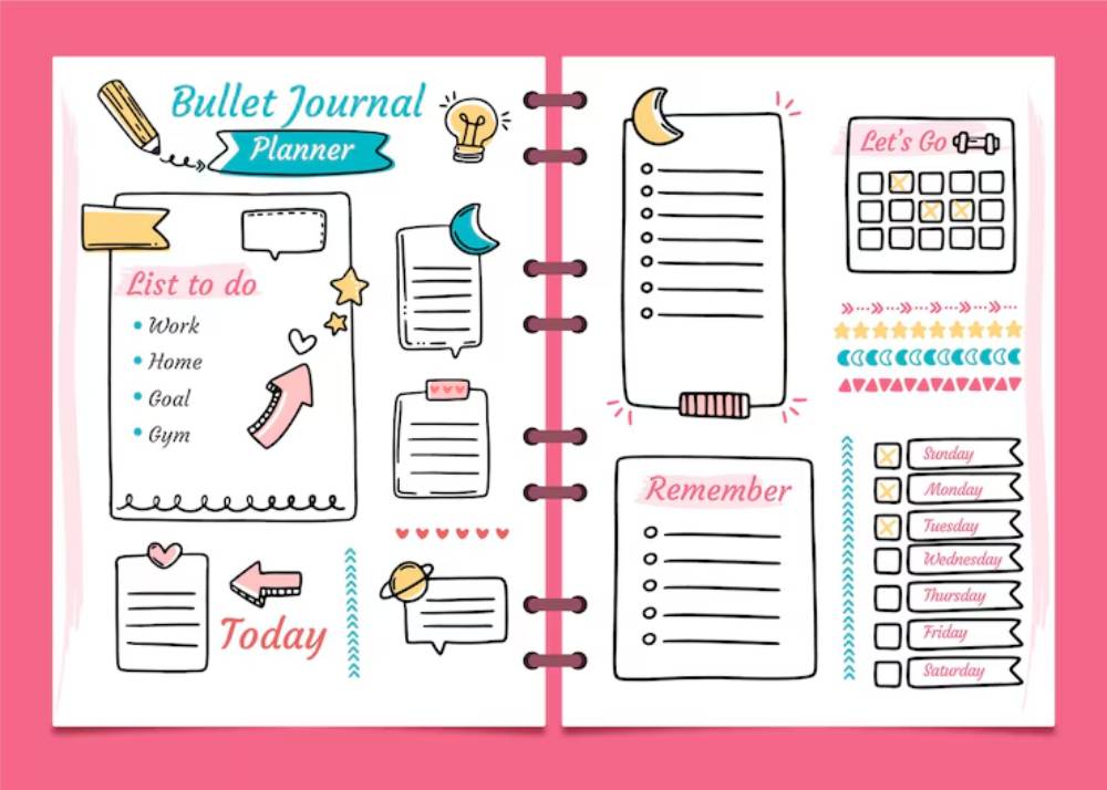 A colorful bullet journal planner layout features sections for tasks, reminders, and a weekly schedule on a pink background.
