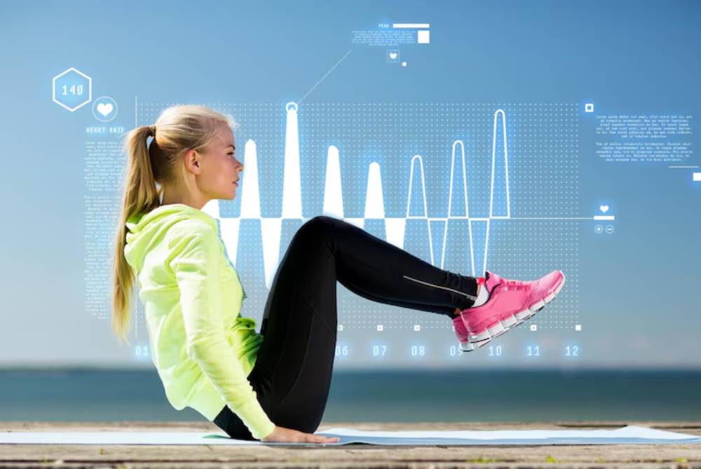A woman exercises outdoors, performing a core workout. Digital metrics display heart rate and fitness statistics nearby.